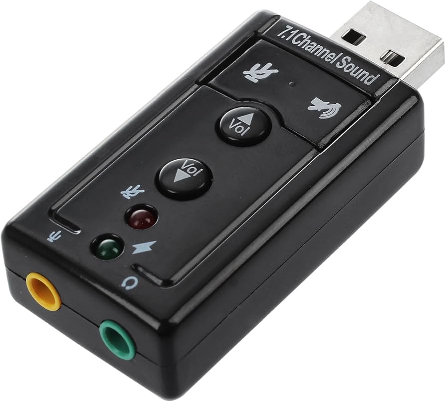 A black USB stereo audio adapter with buttons and LED indicators, featuring audio output and microphone input ports.